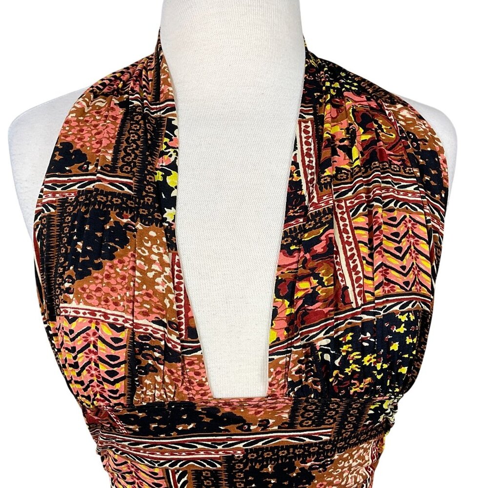 Free People Heather Print Bronze Combo Boho Halter Top Plunging Neckline LG NWT - Picture 2 of 11